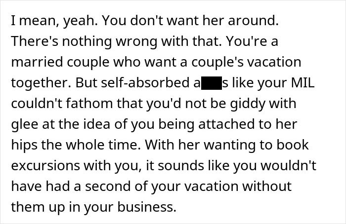 Text excerpt discussing a couple's vacation plans disrupted by an overbearing MIL wanting to join and book excursions.