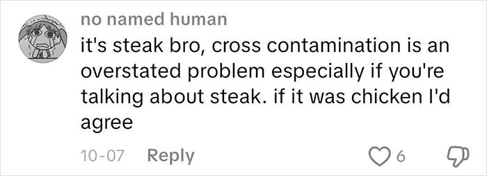 Comment discussing steak and cross contamination concerns related to wild American food creations online. Comment discussing steak and cross contamination concerns related to wild American food creations online.