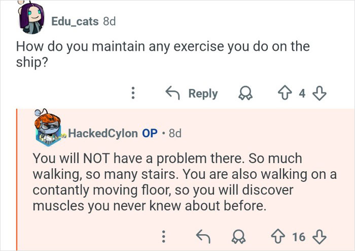 Cruise ship employees discuss maintaining exercise with constant walking and stairs on a moving workplace environment.
