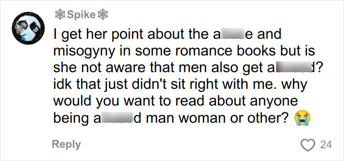 Screenshot of a social media comment discussing misogyny in romance books and reactions to reading preferences.