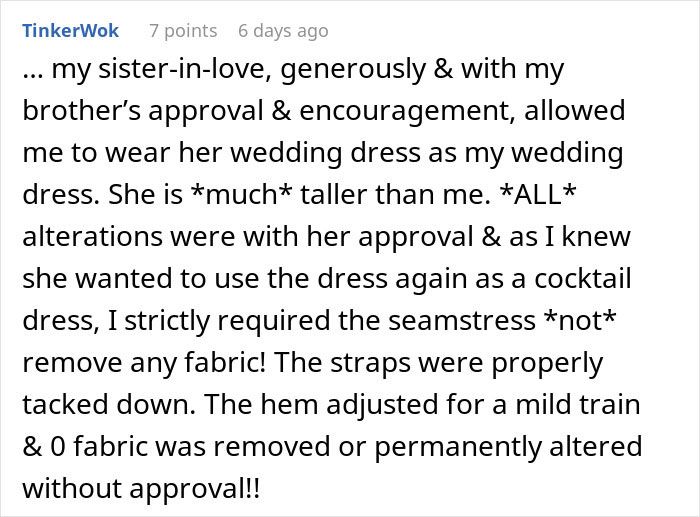 Woman shocked and confused about $90 charge for altering borrowed dress without permission in a dress alteration dispute.