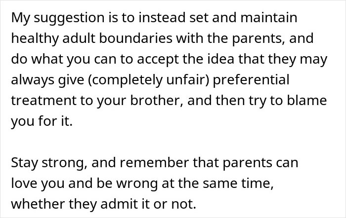 Text excerpt advising to set healthy adult boundaries with entitled parents who treat autistic brother as golden child despite his creepy behavior.