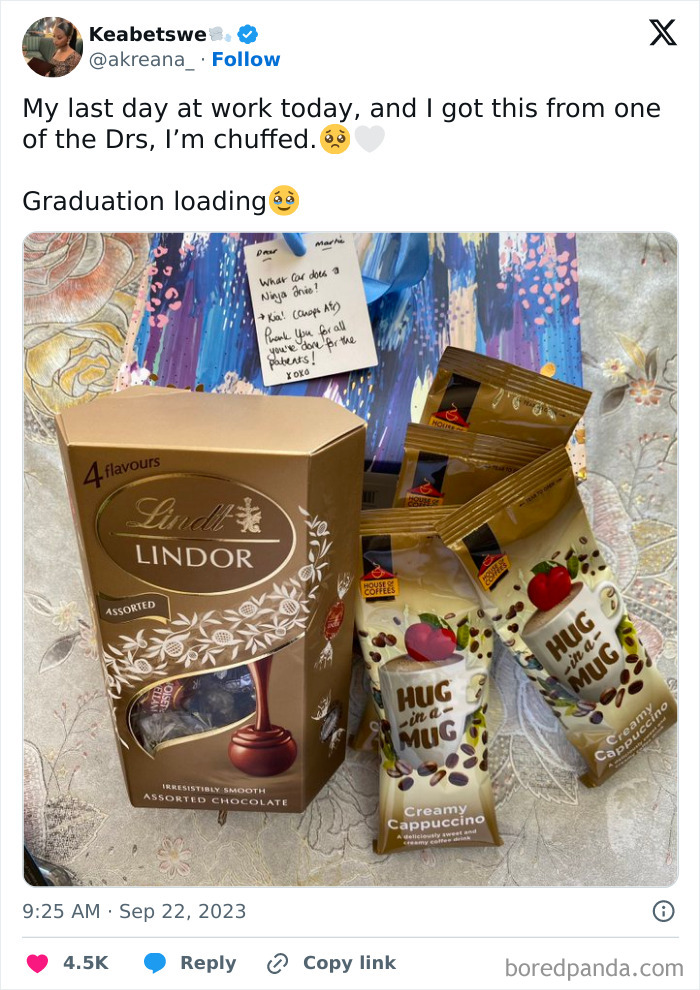 Assorted Lindt chocolates and coffee packets as a farewell gift from employees walking out with jokes and pranks.