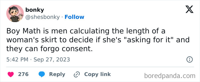 Screenshot of a savage woman roasting men online with a sharp, critical Twitter comment about consent and judgment.