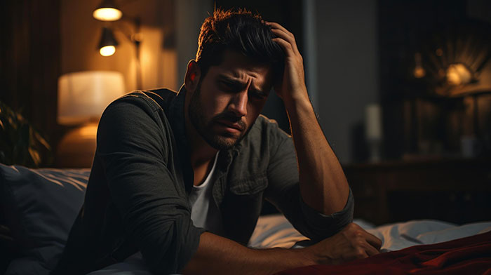 Man sitting on bed looking hurt and stressed, feeling like a single parent due to wife prioritizing work over family.