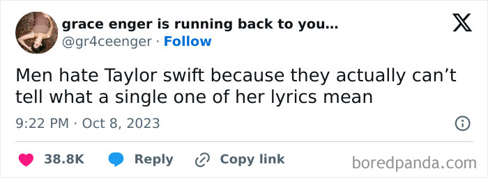 Tweet by a savage woman roasting men online, highlighting their misunderstanding of Taylor Swift lyrics in a viral post.