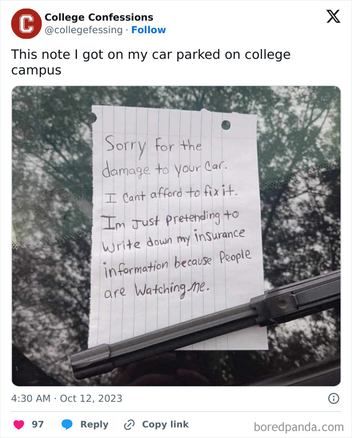 Handwritten note on car windshield humorously admitting to damage, relatable to students and young adults living interesting lives.