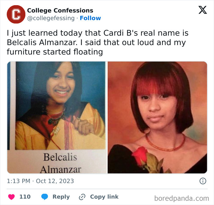 Tweet about Cardi B's real name with two photos of a young woman, fitting relatable student and young adult memes.