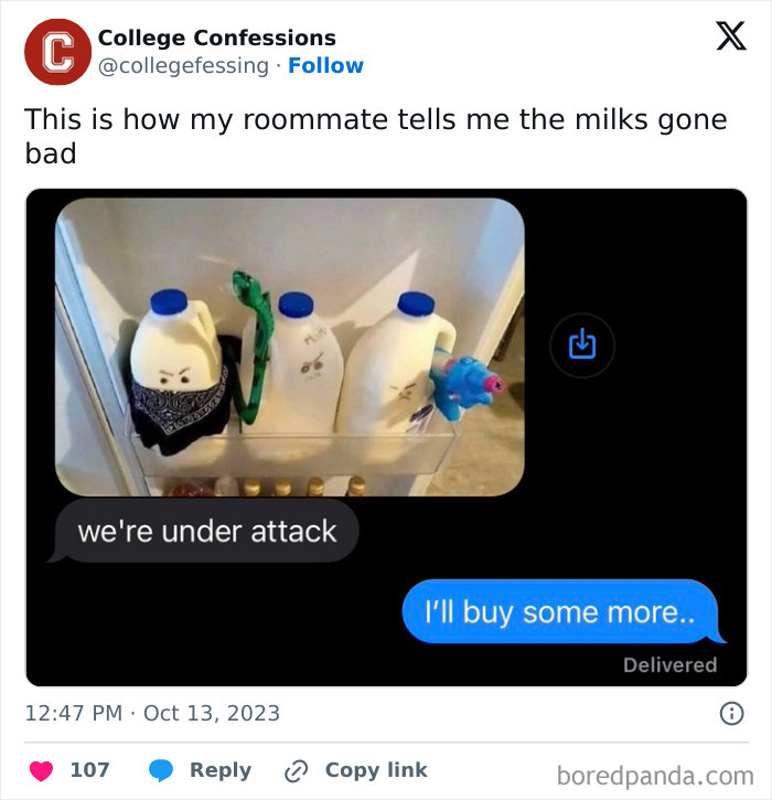 Milk cartons with angry faces and toy weapons in fridge door, depicting relatable student and young adult humor.