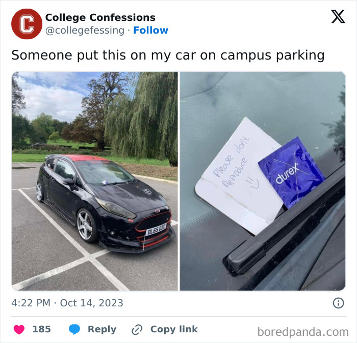 Black car parked on campus with a note and c****m on the windshield, showing students and young adults humor.