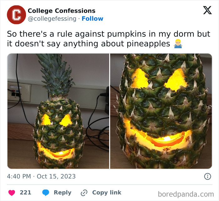 Carved pineapple with glowing eyes and smile, a relatable meme about students and young adults' interesting lives.