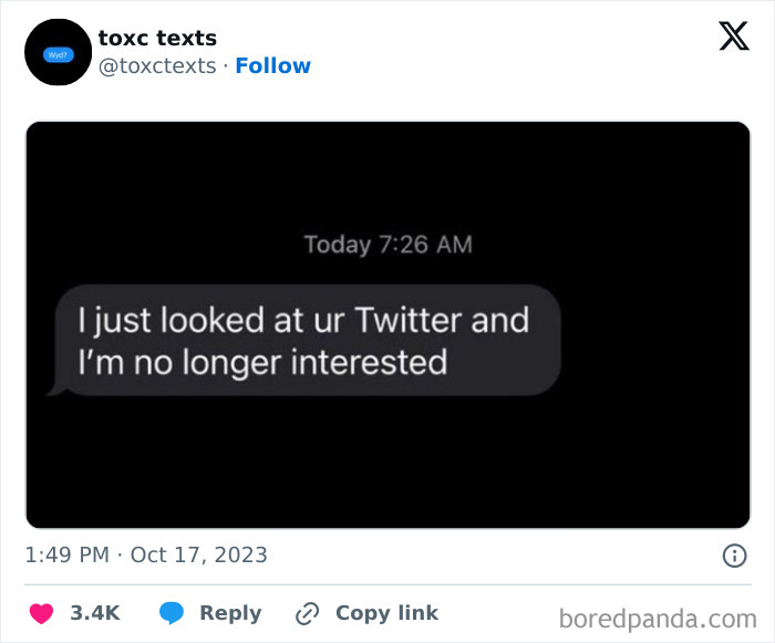 Screenshot of a toxic text message saying no longer interested after viewing Twitter, showcasing toxic but funny texts.