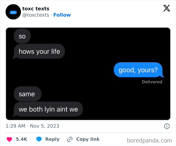 Screenshot of toxic but funny text messages showing sarcastic conversation about life and honesty between two people.