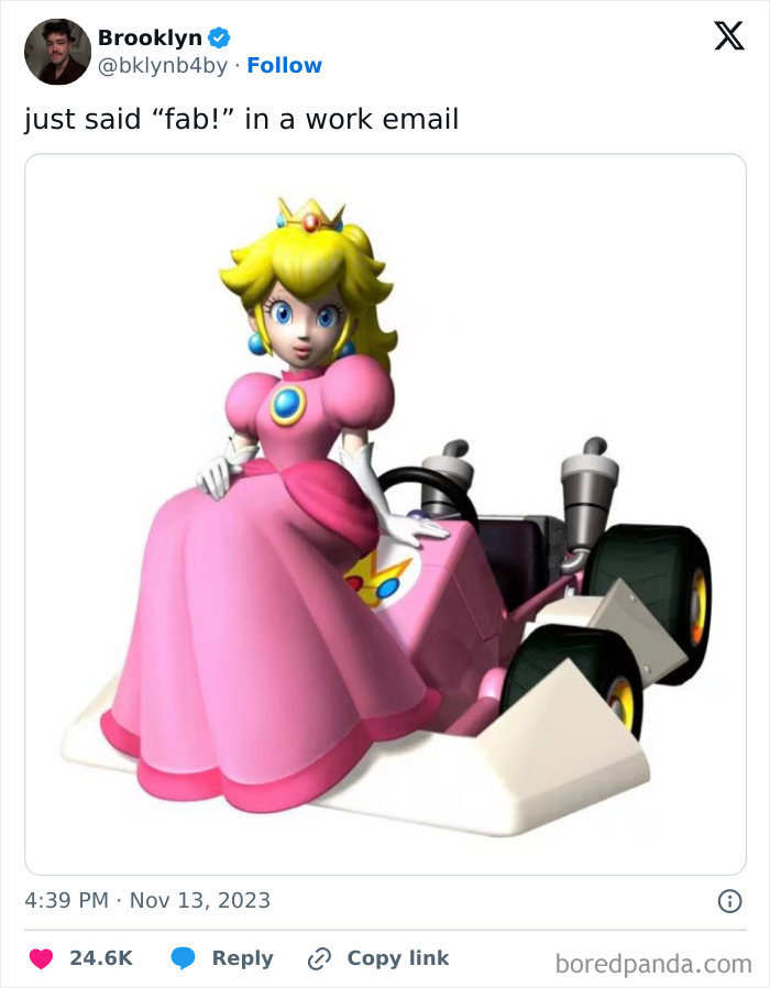 Tweet showing a humorous moment about work, featuring a cartoon character in a pink dress seated on a racing kart.