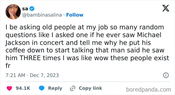 Tweet about random questions asked at job, highlighting relatable moments of having a job shared on social media.