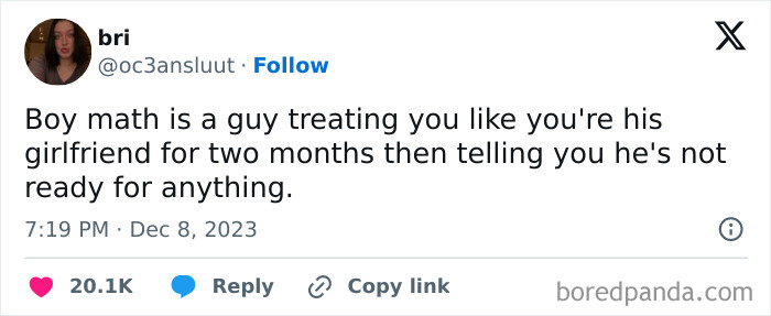 Screenshot of a savage woman’s tweet roasting men online with a sharp, humorous comment about boy math.