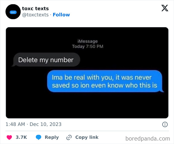 Screenshot of a toxic but funny text message exchange where one person tells the other to delete their number.