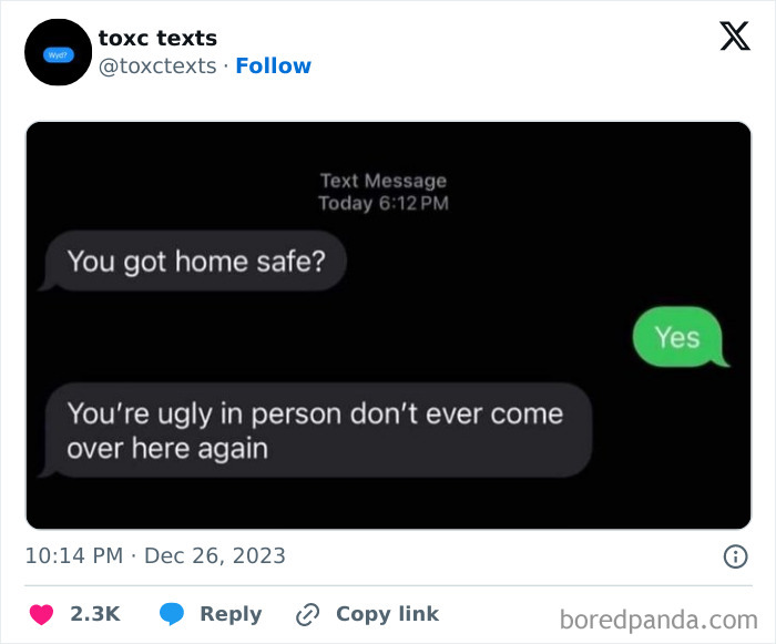 Screenshot of a toxic but funny text conversation where one person insults the other after confirming they got home safe.