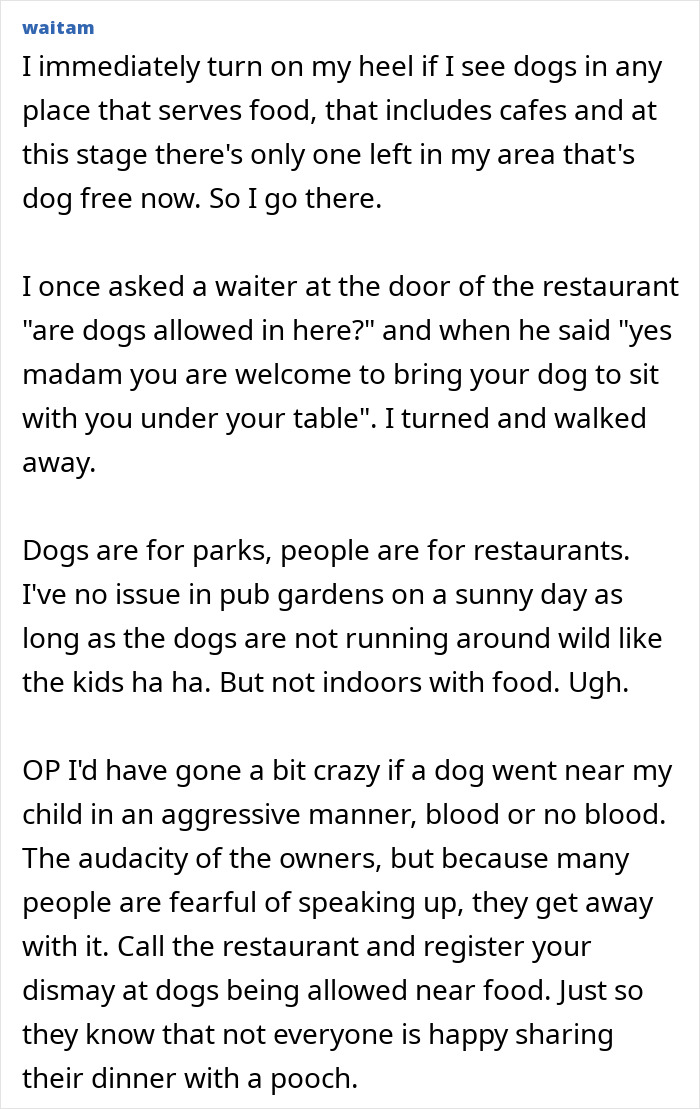 Commenter discussing concerns about negligent dog owners letting their dog bite a kid and the fear of speaking up. Commenter discussing concerns about negligent dog owners letting their dog bite a kid and the fear of speaking up.