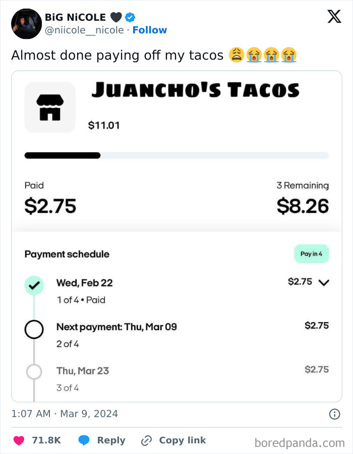 Social media post showing a payment schedule for Juanchos Tacos, humorously highlighting shared common experiences.