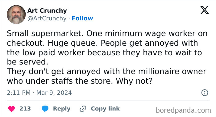 Text post by Art Crunchy discussing frustration with customers blaming low wage workers instead of millionaire owners for understaffing in stores.