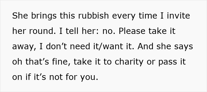 Text showing a disagreement about gifting broken stuff as a green practice, with one friend wanting it to stop.