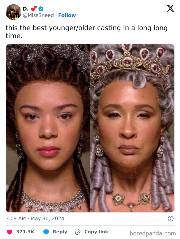 Younger and older actress makeup and fashion transformation with elaborate hairstyles and jeweled crowns in diva style.