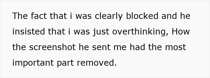 Screenshot of text discussing being clearly blocked during a suspicious work trip causing relationship doubts.