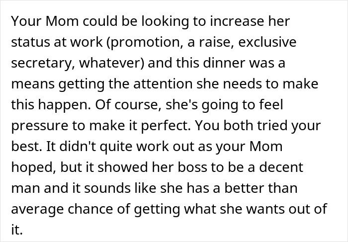 Man picks at his food during dinner with mom’s boss, feeling unsure if he ruined the important meeting. Man picks at his food during dinner with mom’s boss, feeling unsure if he ruined the important meeting.