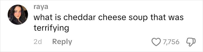 Screenshot of a social media comment asking about a terrifying cheddar cheese soup, related to wild American food creations. Screenshot of a social media comment asking about a terrifying cheddar cheese soup, related to wild American food creations.
