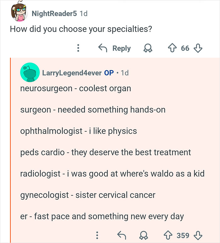 Reddit user answers how seven doctors chose their specialties in an AMA session featuring multiple medical fields.