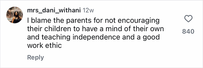 Screenshot of a social media comment criticizing parents for not teaching Gen-Z workers independence and a strong work ethic.
