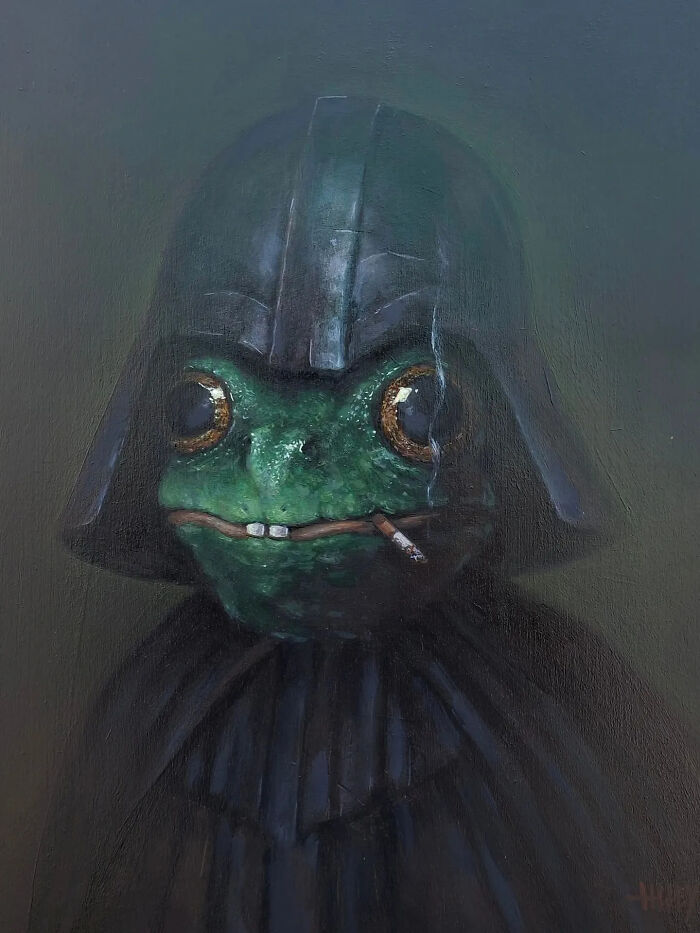 Creepy painting by Tyler Tilley of a frog wearing a dark helmet and smoking a cigarette in horror style.