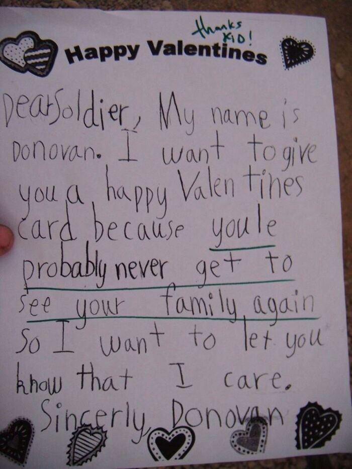 Handwritten Valentine&rsquo;s card from a kid to a U.S. soldier with a hilariously savage message about family.