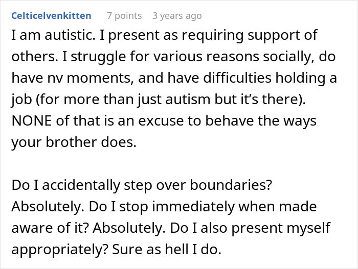 Comment from an autistic individual discussing behavior and boundaries, touching on entitled parents and autistic brother issues.