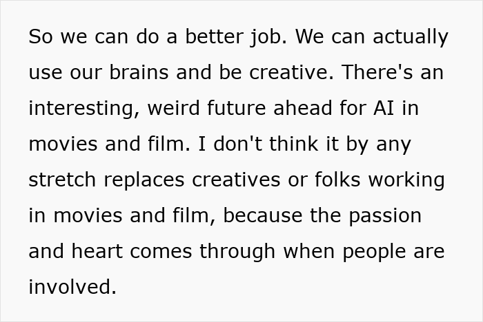 Text discussing creativity and AI's role in movies, highlighting the limits of AI in replacing human passion and creativity.