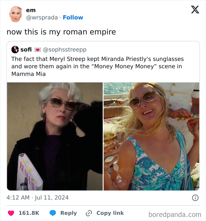 Social media meme featuring iconic sunglasses from fashion and diva life moments in popular films.