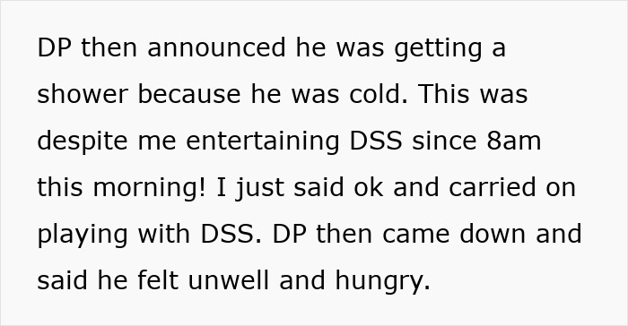 Text excerpt showing a parent supporting a child while describing an ungrateful husband in a parenting context.