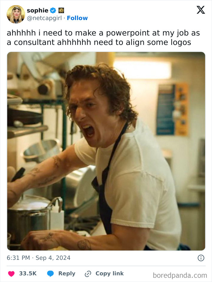 Frustrated man in kitchen expressing stress about job duties, illustrating moments from 89 tweets about having a job.