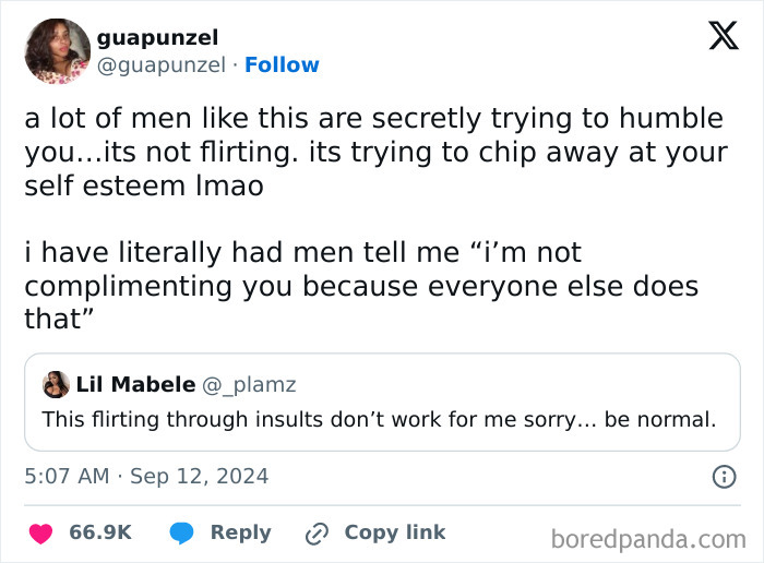 Screenshot of a savage woman online roasting men by exposing manipulative flirting tactics in a viral tweet.