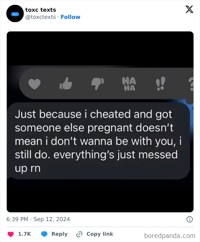 Screenshot of toxic text message revealing cheating and complicated feelings, illustrating toxic but funny texts people had to screenshot.