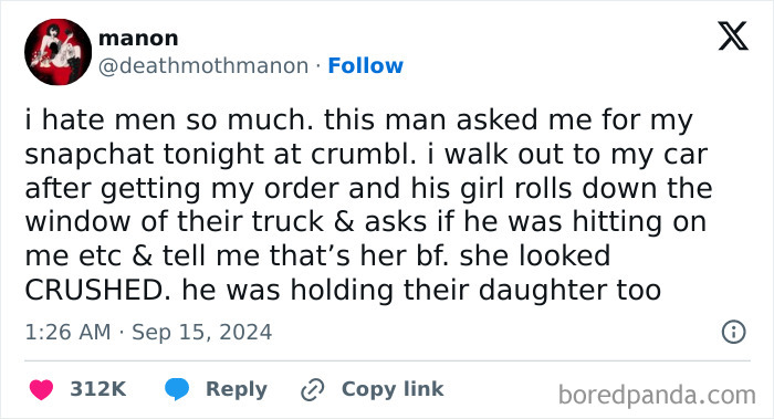 Screenshot of a savage woman’s tweet roasting a man online after a cringe encounter at Crumbl bakery.