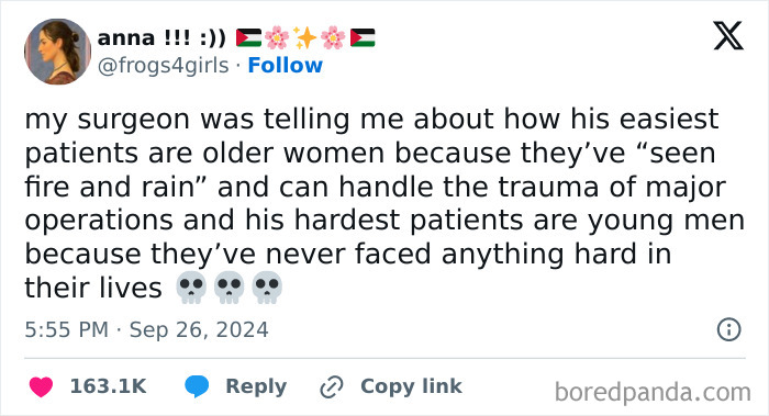 Tweet from a woman sharing how older women are stronger patients, showcasing savage women who roasted men online.