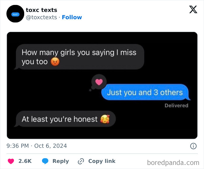 Screenshot of toxic texts conversation showing jealousy and honesty with angry and heart emojis in a funny message exchange.
