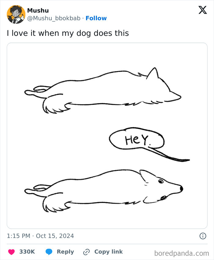 Simple black and white drawing of a dog lying flat with a speech bubble saying hey in a funny animal meme style.