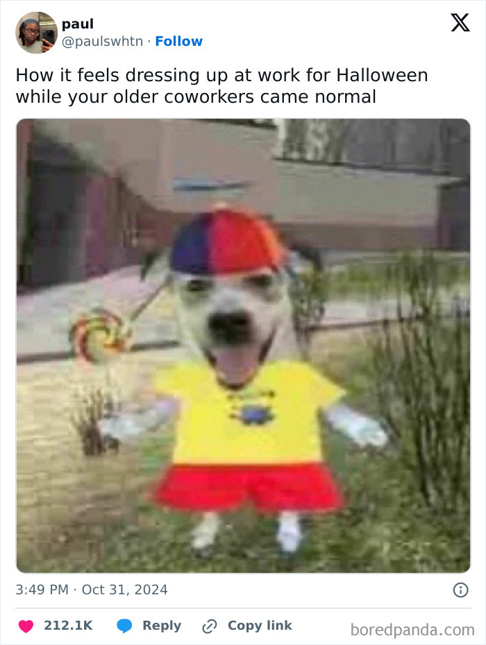 Tweet humor about work life showing a dog dressed up for Halloween, highlighting relatable job experiences.
