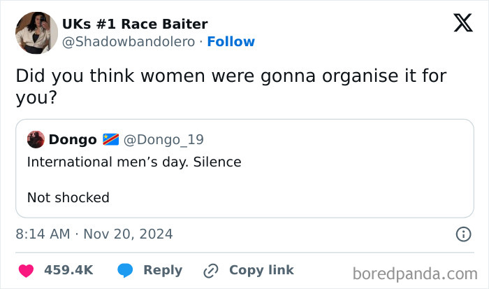 Twitter post mocking International Men’s Day with a savage woman’s online roast that left men speechless.