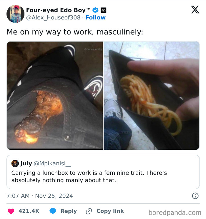 Text post and images humorously challenging masculine stereotypes about carrying lunchboxes, featuring unhinged food memes.