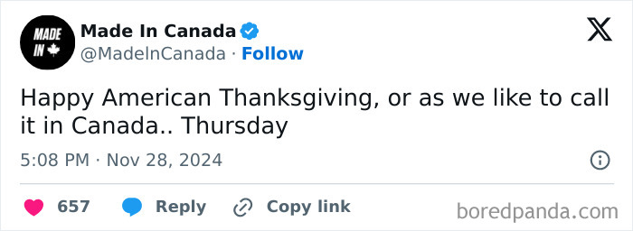 Tweet from Made In Canada humorously roasting America by calling American Thanksgiving "Thursday" as observed in Canada.
