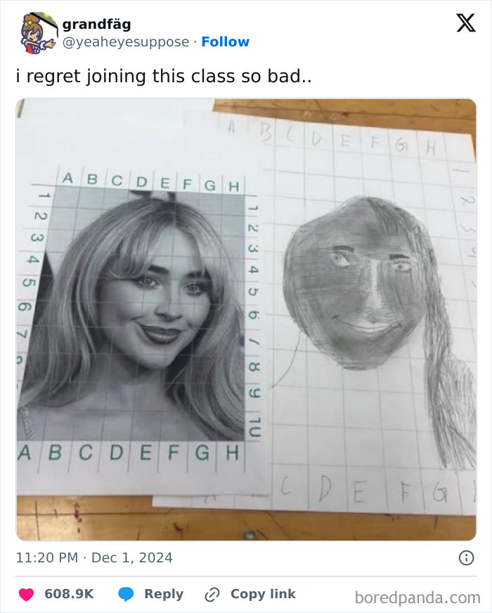 Side-by-side image of a grid portrait drawing and a humorous failed attempt sketch in an entertaining post to fight boredom.